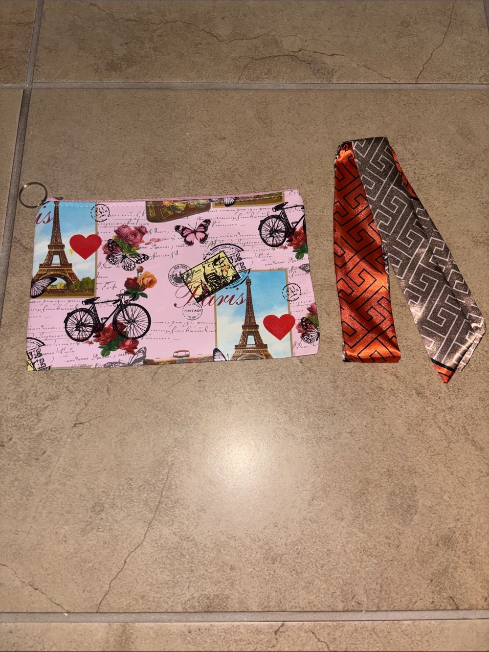 Paris Print Zip Pouch with Pink, Blue & Red Hearts and twilly